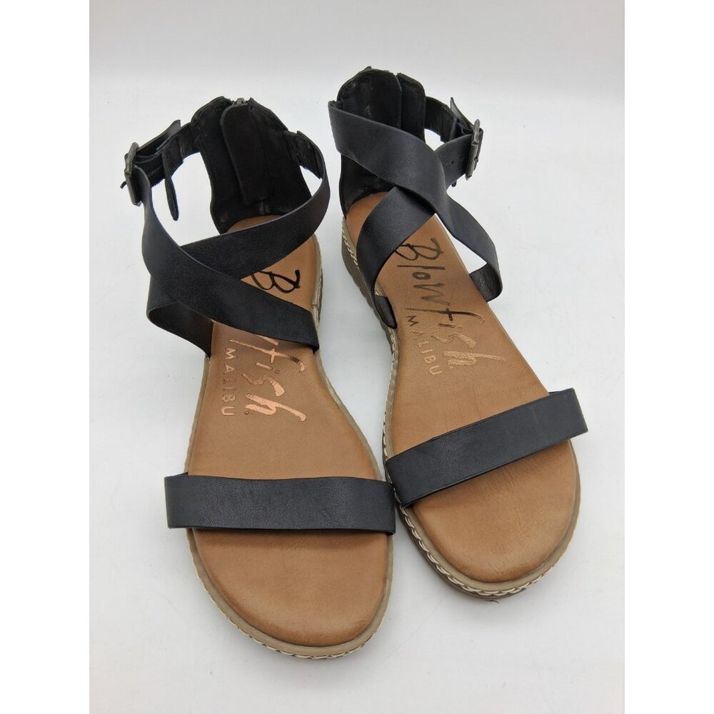 Blowfish Malibu Vegan Black Flat Sandals Strappy  Zipper Buckle Criss Cross 7.5 - Picture 6 of 11
